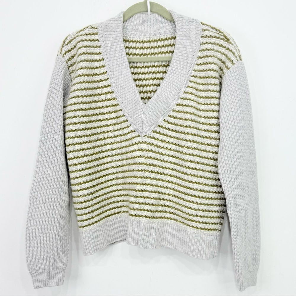 Brandless Gray Olive Striped V Neck Pullover Sweater